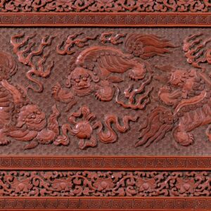 A rare imperial cinnabar lacquer ‘Buddhist lions’ treasure box and cover (Qianlong six-character and Suanni Baohe four-character marks and of the period)