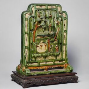 A tilemaker ‘sancai’-glazed table screen with Taoist temple inscription and carved wood stand   Jiajing period (1522-1566, circa 1550)