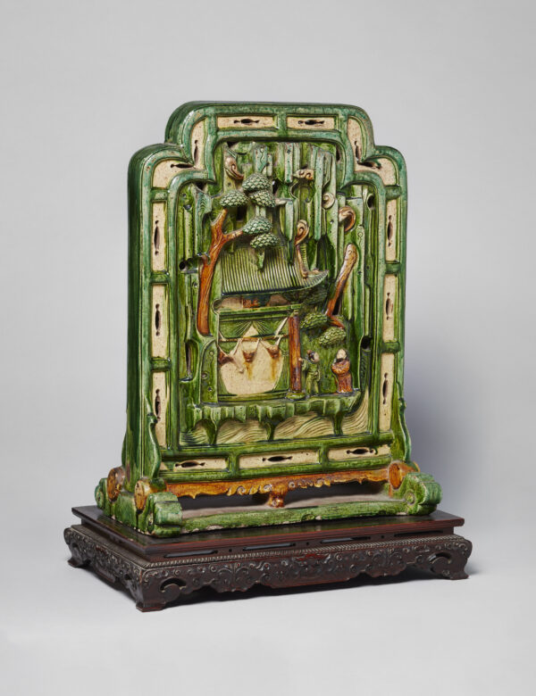 A tilemaker ‘sancai’-glazed table screen with Taoist temple inscription and carved wood stand   Jiajing period (1522-1566, circa 1550)