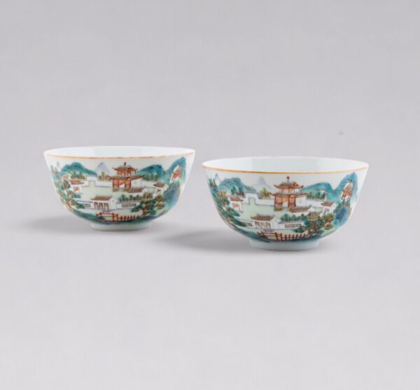 A pair of painted enamel landscape bowls (Daoguang mark and period, 1821-1850)